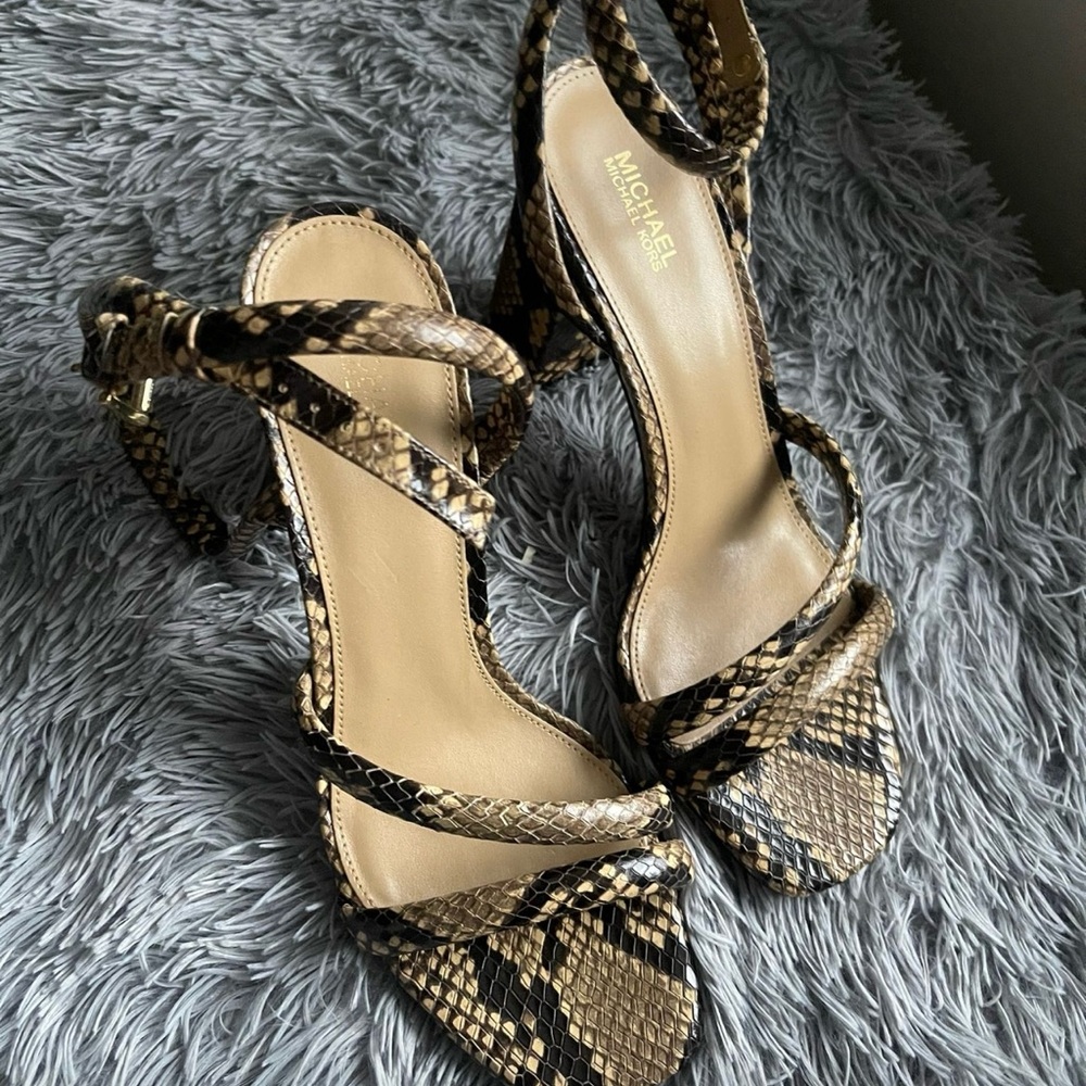 Michael Kors Snakeskin Strappy Heels - Black and Tan